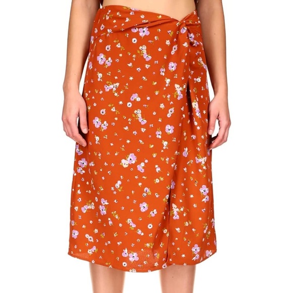 Sanctuary Floral Print Midi Faux-Wrap Skirt Rust Orange Size L, NWT - Picture 1 of 6